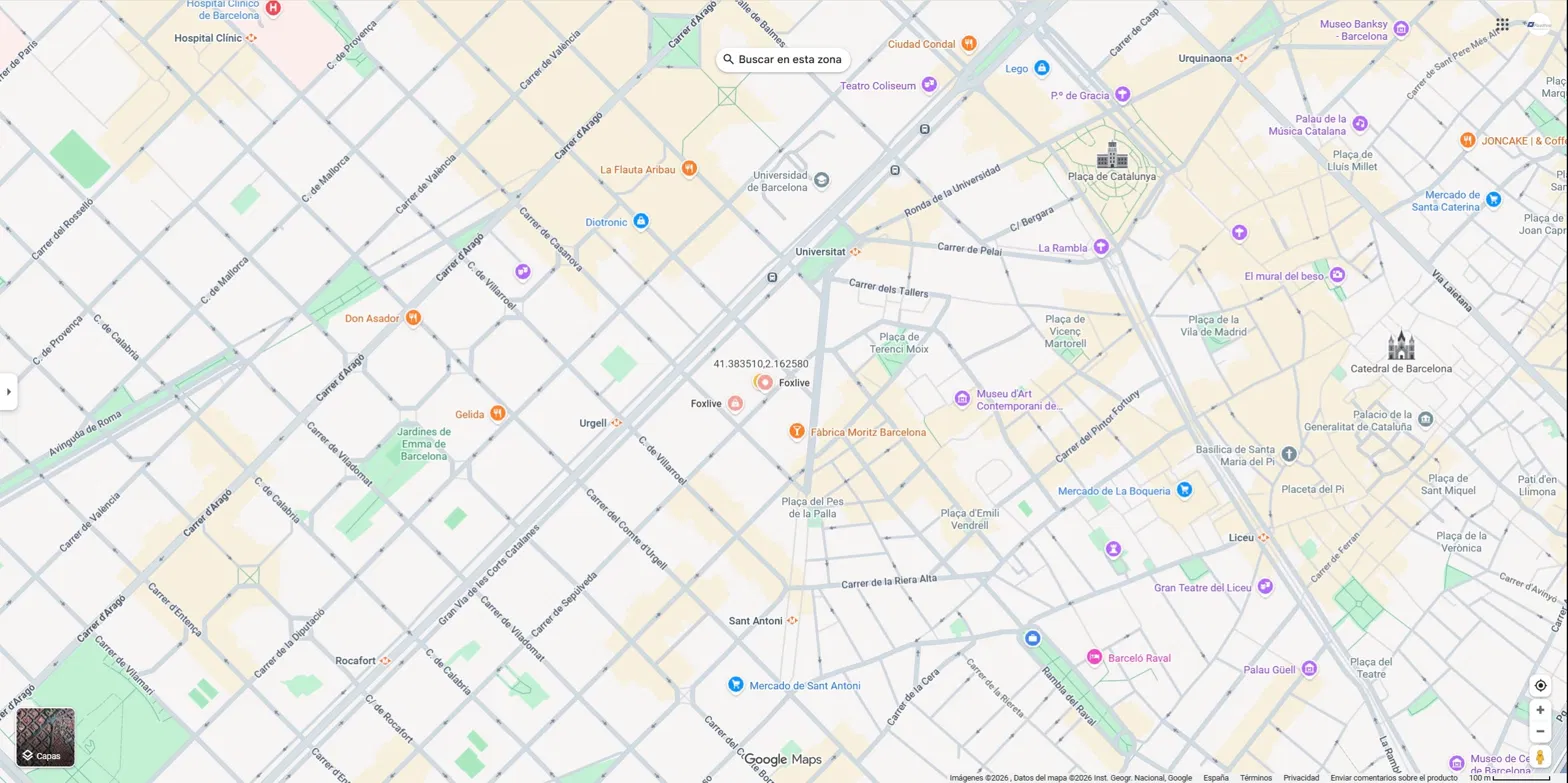 Mapa con las dos tiendas Foxlive en Barcelona - Sepulveda 175 y Casanova 22